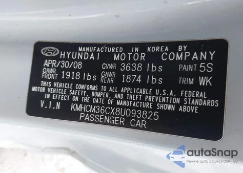 2008 Hyundai Accent Gs from USA, damaged, VIN KMHCM36CX8U093825